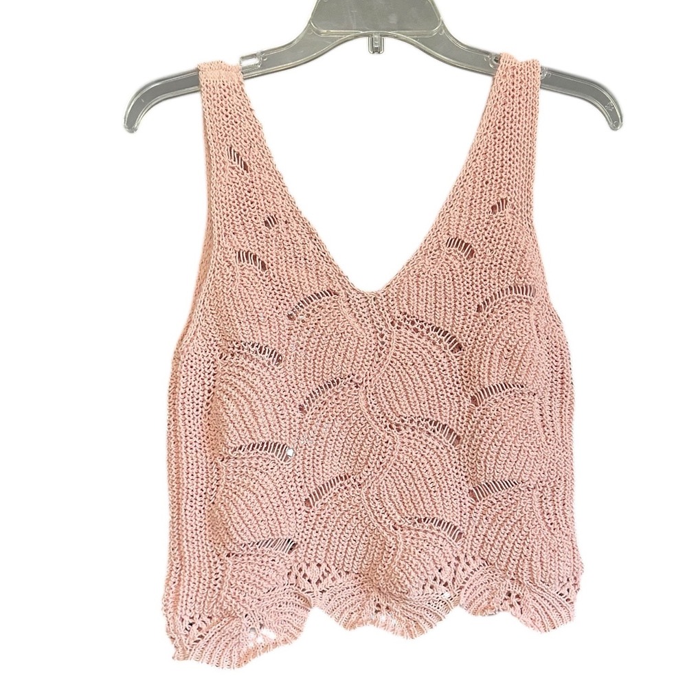 Blue Rain Pink Crochet Knit Crop Tank Top V-Neck Scalloped Hem Womens S Coquette